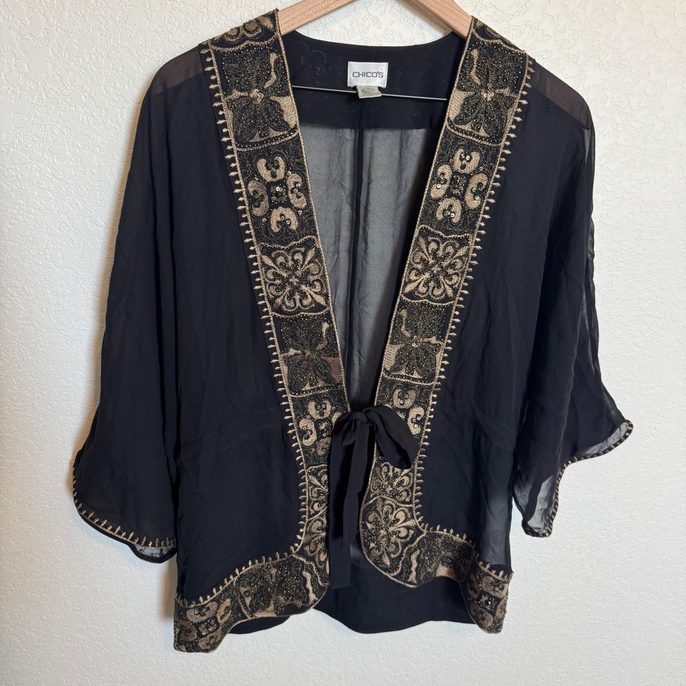 Boho Whimsigoth Embroidered Silk Kimono Chico's Size 0 Small Black Gold